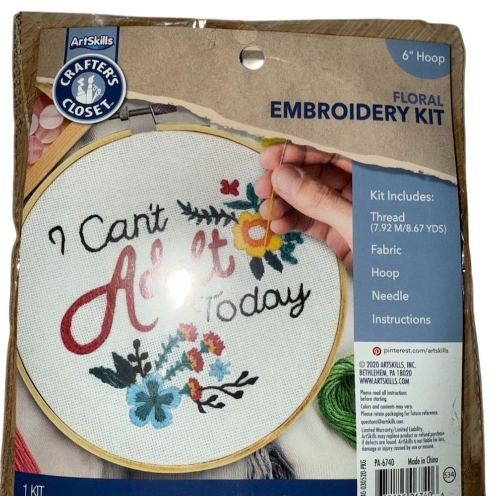 Crafts Closet Floral Embroidery Kit "I‎ Can't Adult Today" with Needle